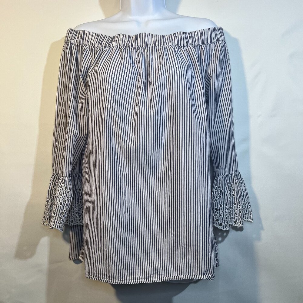 Blue and White Striped Off The Shoulder Blouse